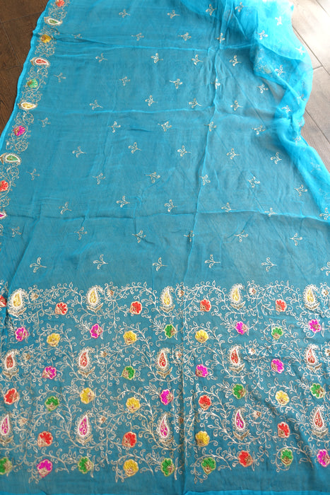 Blue Vintage Silk Chiffon Dupatta With Silk Appliques - New