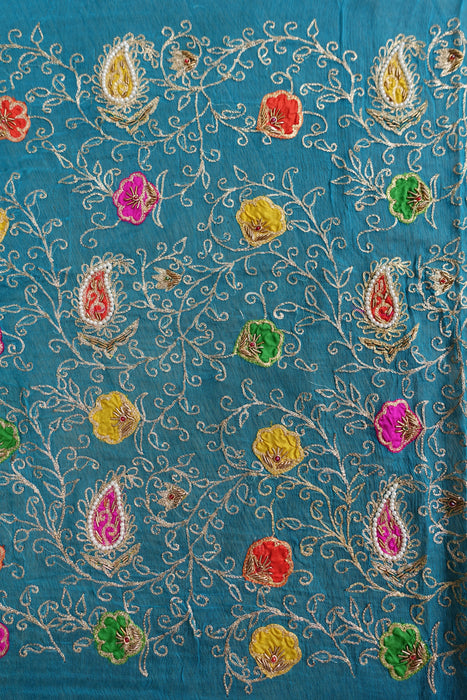 Blue Vintage Silk Chiffon Dupatta With Silk Appliques - New