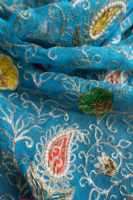 Blue Vintage Silk Chiffon Dupatta With Silk Appliques - New