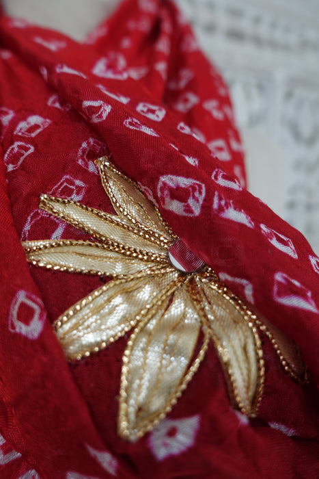 Red Bandhani Gold Flower Applique Dupatta - New