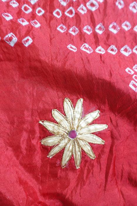 Red Bandhani Gold Flower Applique Dupatta - New