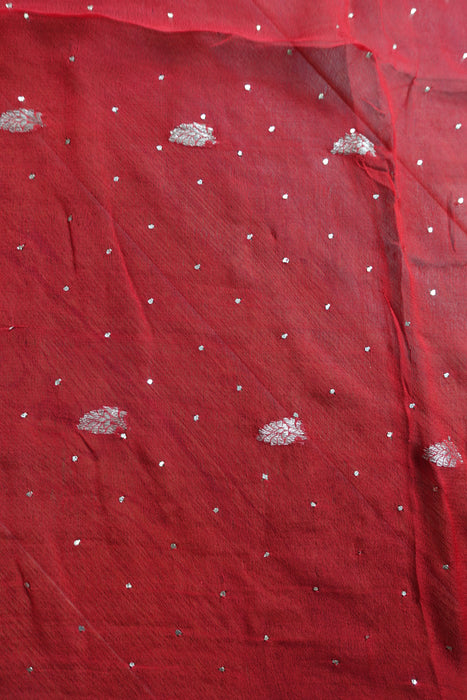 Red Pure Silk Chiffon Banarsi Dupatta - New