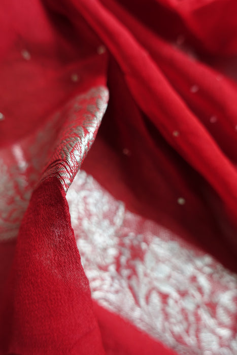 Red Pure Silk Chiffon Banarsi Dupatta - New