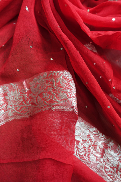 Red Pure Silk Chiffon Banarsi Dupatta - New