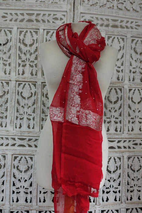 Red Pure Silk Chiffon Banarsi Dupatta - New