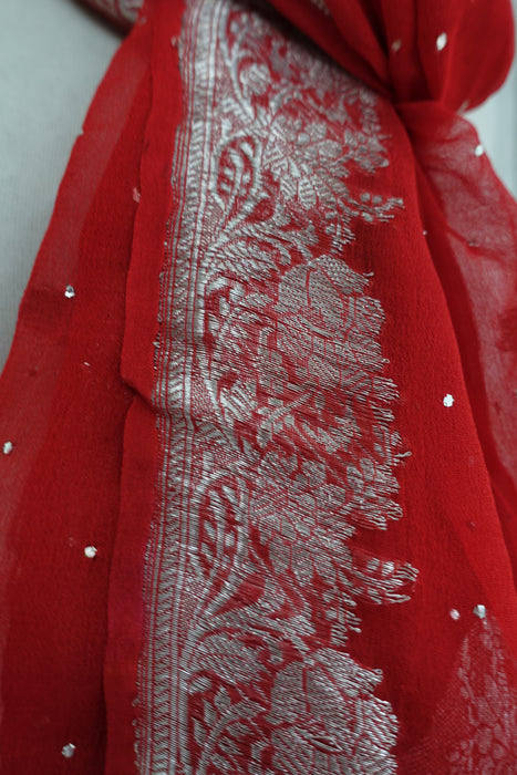 Red Pure Silk Chiffon Banarsi Dupatta - New