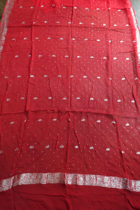 Red Pure Silk Chiffon Banarsi Dupatta - New