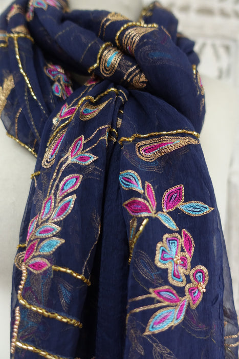 Navy Blue Vintage Embellished Dupatta - New