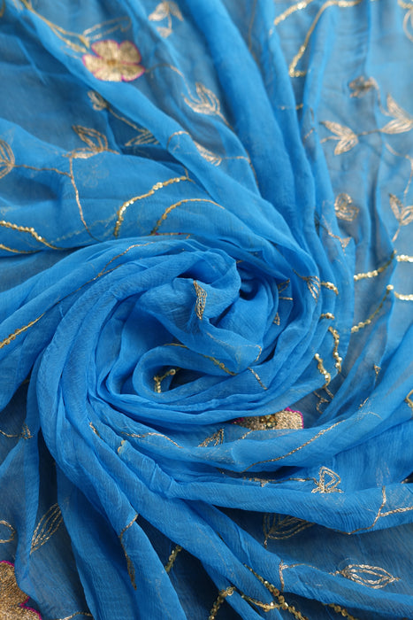 Peacock Blue Vintage Chiffon Embellished Dupatta - New