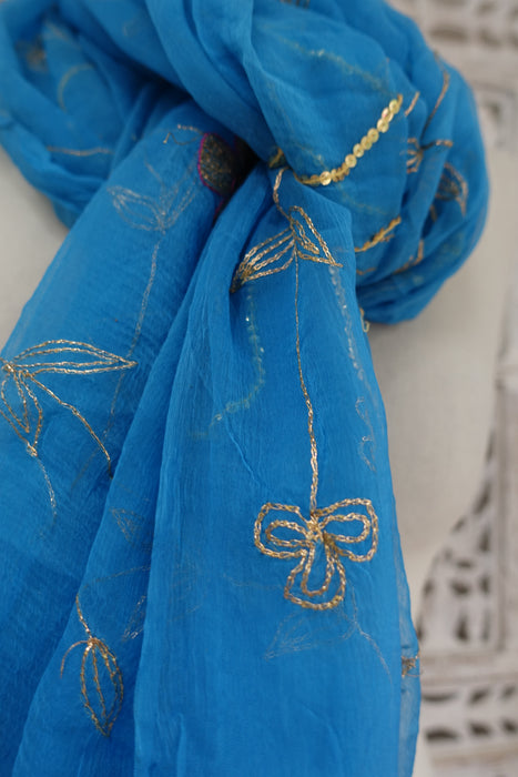 Peacock Blue Vintage Chiffon Embellished Dupatta - New