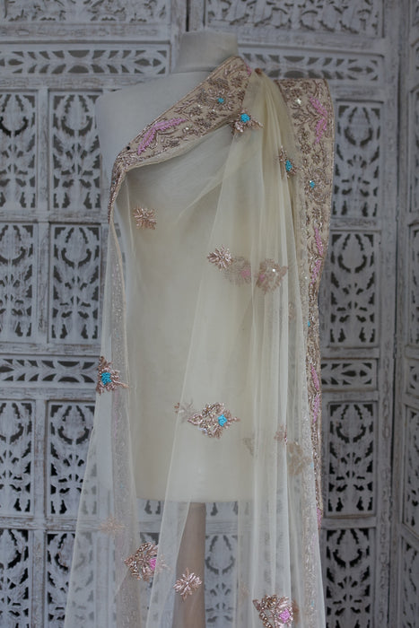 Cream Net With Heavy Silk Zardosi - New