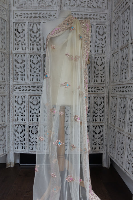 Cream Net With Heavy Silk Zardosi - New