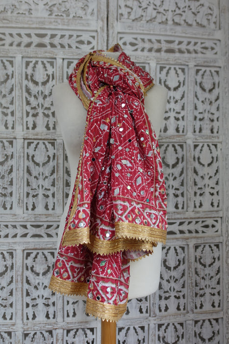 Red Bandhani Print With Mirror Work - New