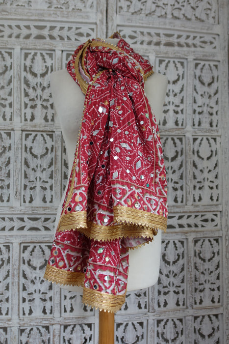 Red Bandhani Print With Mirror Work - New