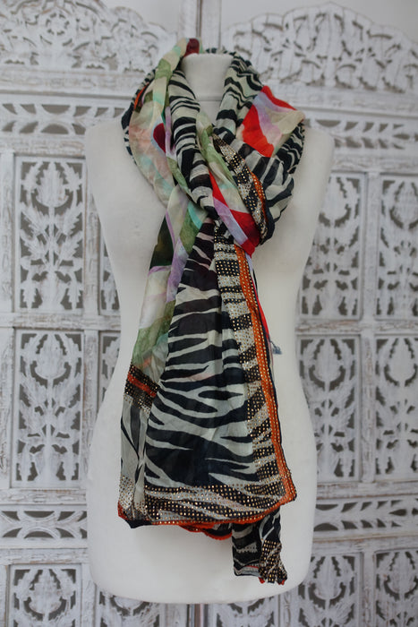 Printed Silky Crepe With Diamante Stones - New