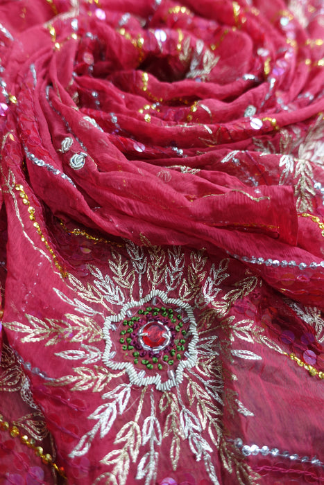 Red Vintage Silk Chiffon Wedding Dupatta - New