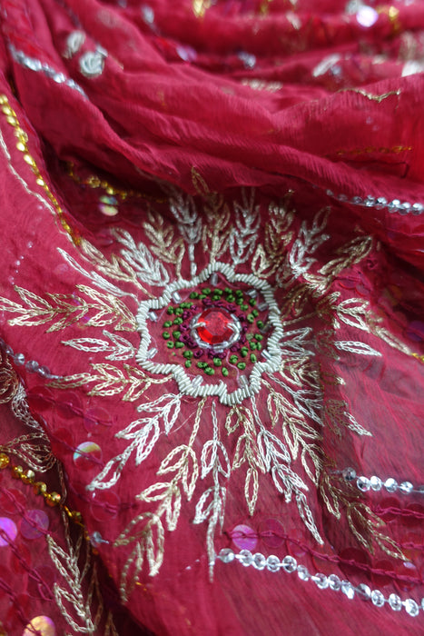 Red Vintage Silk Chiffon Wedding Dupatta - New