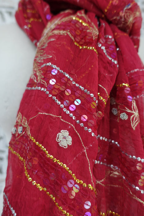 Red Vintage Silk Chiffon Wedding Dupatta - New