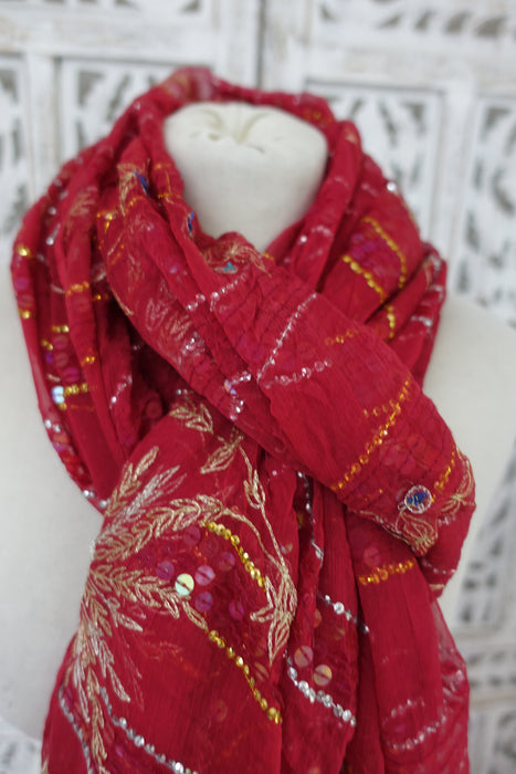 Red Vintage Silk Chiffon Wedding Dupatta - New