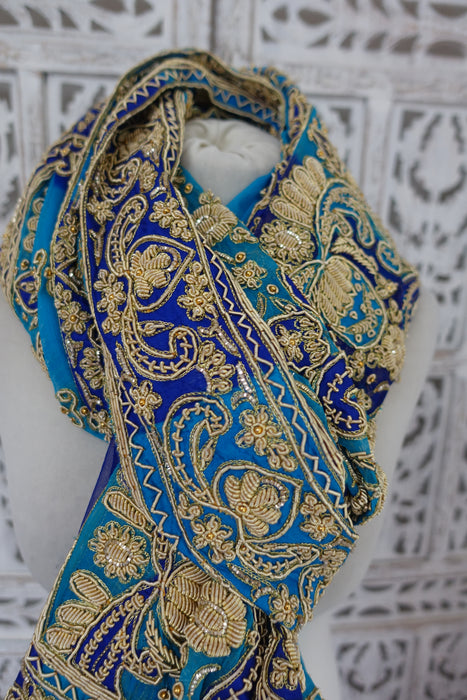 Aqua And Royal Blue Zardosi Dupatta - Preloved