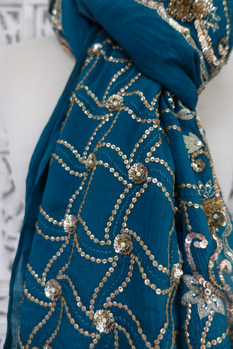 Teal Sequined Crushed Silk Dupatta - New