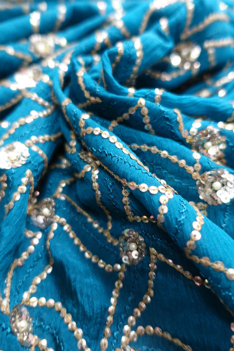 Teal Sequined Crushed Silk Dupatta - New