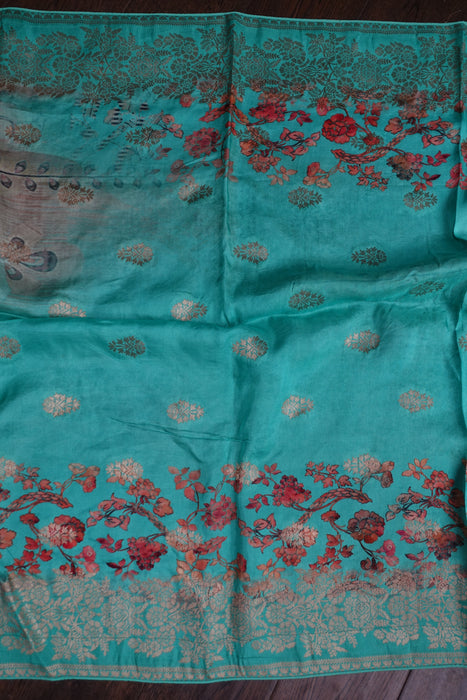 Jade Green Printed Chanderi Silk Shawl - New