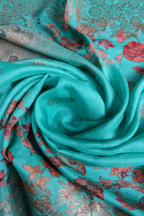 Jade Green Printed Chanderi Silk Shawl - New