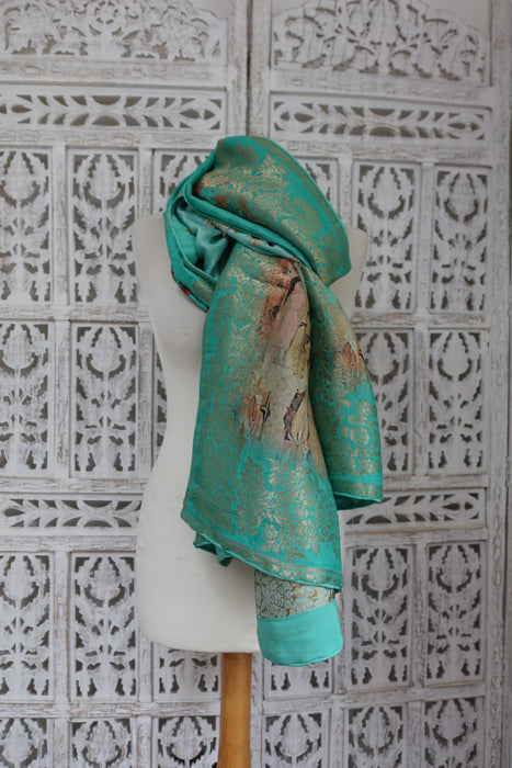 Jade Green Printed Chanderi Silk Shawl - New