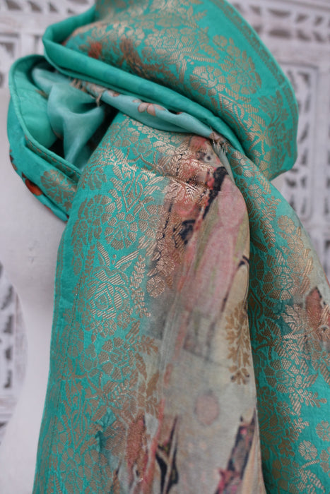 Jade Green Printed Chanderi Silk Shawl - New