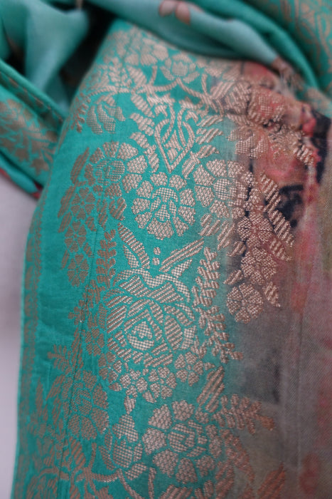 Jade Green Printed Chanderi Silk Shawl - New