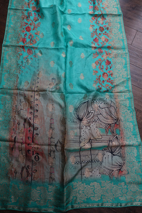 Jade Green Printed Chanderi Silk Shawl - New