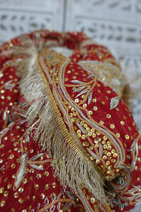 Red Vintage Wedding Dupatta With Heavy Gold Fringe