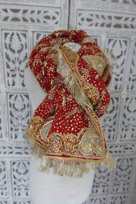 Red Vintage Wedding Dupatta With Heavy Gold Fringe