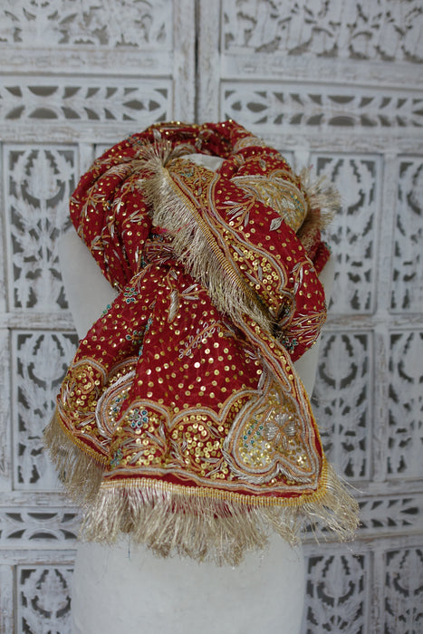 Red Vintage Wedding Dupatta With Heavy Gold Fringe