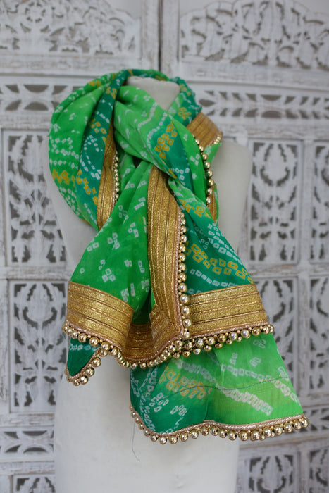 Green Bandhani Dupatta With Gold Beads - New