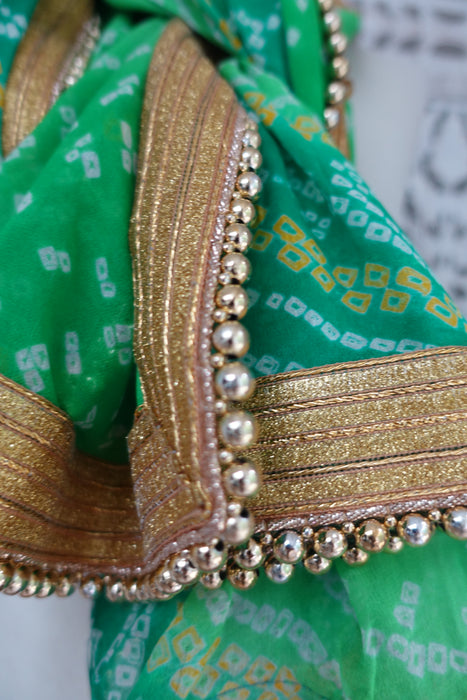 Green Bandhani Dupatta With Gold Beads - New