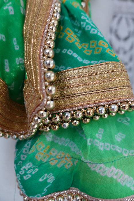 Green Bandhani Dupatta With Gold Beads - New