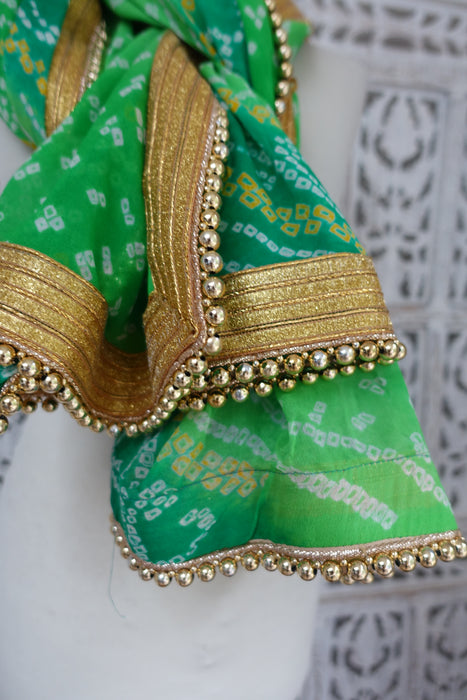 Green Bandhani Dupatta With Gold Beads - New