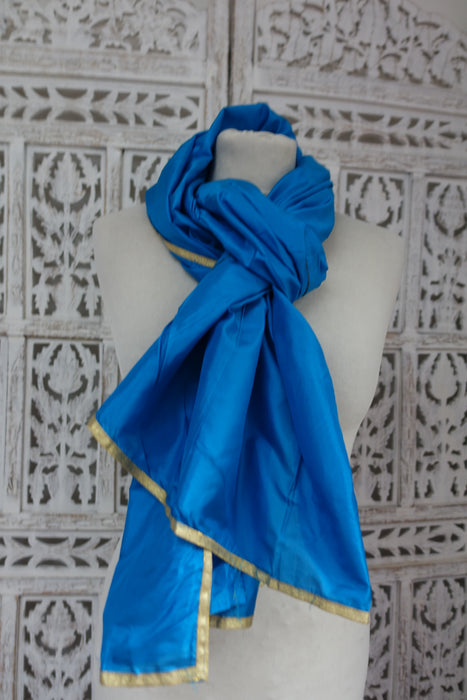 Blue Peacock Pure Silk Dupatta With Gold Braid - New