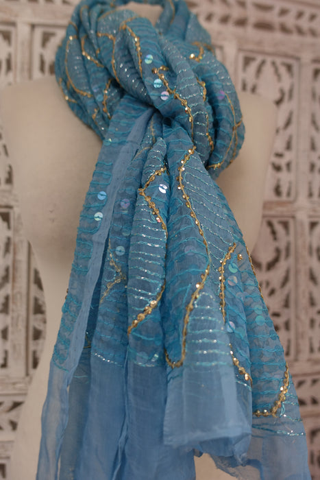 Blue Vintage Chiffon Sequinned Dupatta - New