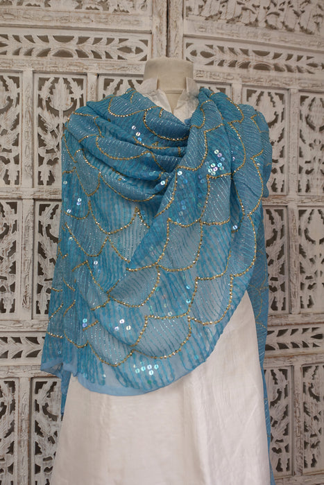 Blue Vintage Chiffon Sequinned Dupatta - New