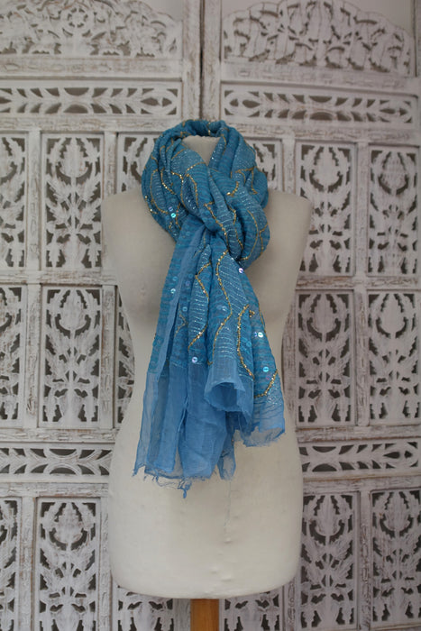 Blue Vintage Chiffon Sequinned Dupatta - New