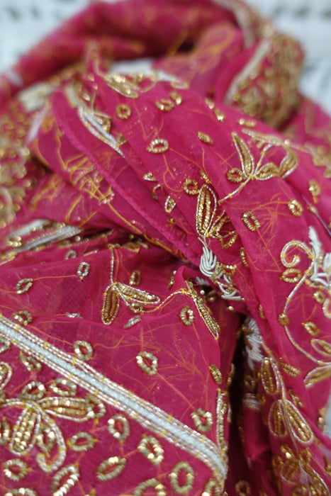 Raspberry Red Vintage Chiffon Zardosi Wedding Dupatta - New