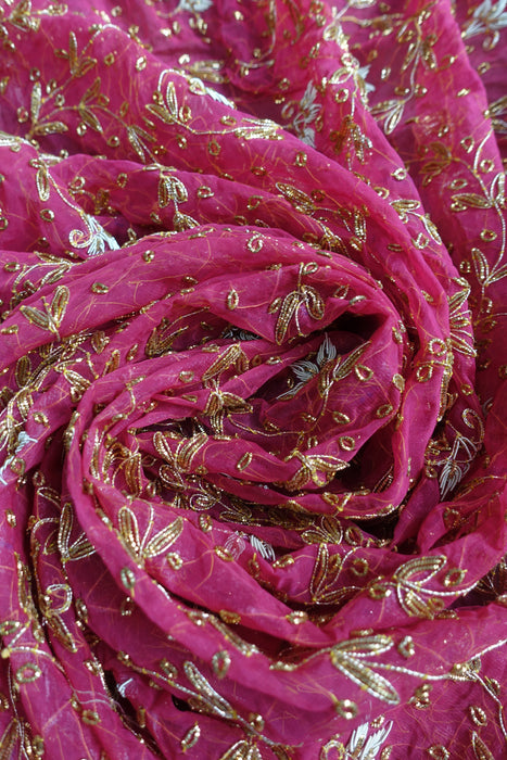 Raspberry Red Vintage Chiffon Zardosi Wedding Dupatta - New