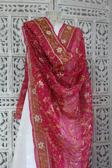 Raspberry Red Vintage Chiffon Zardosi Wedding Dupatta - New