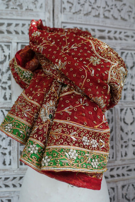 Red And Green Vintage Wedding Dupatta - New