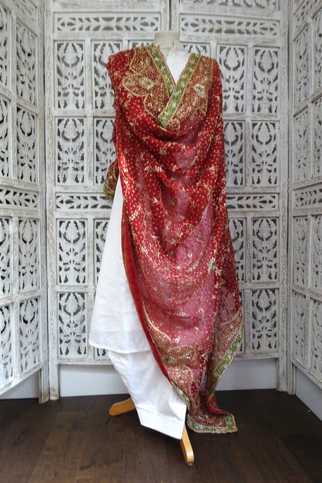 Red And Green Vintage Wedding Dupatta - New