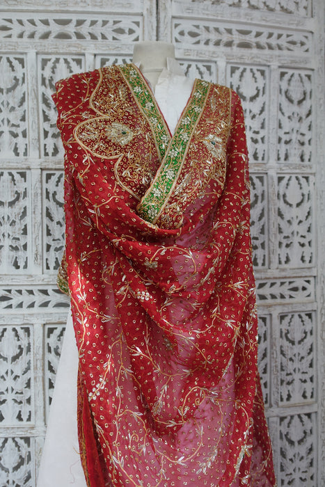 Red And Green Vintage Wedding Dupatta - New