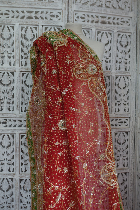 Red And Green Vintage Wedding Dupatta - New